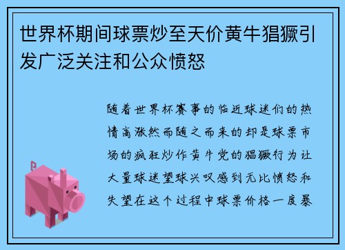 世界杯期间球票炒至天价黄牛猖獗引发广泛关注和公众愤怒
