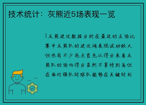 技术统计：灰熊近5场表现一览